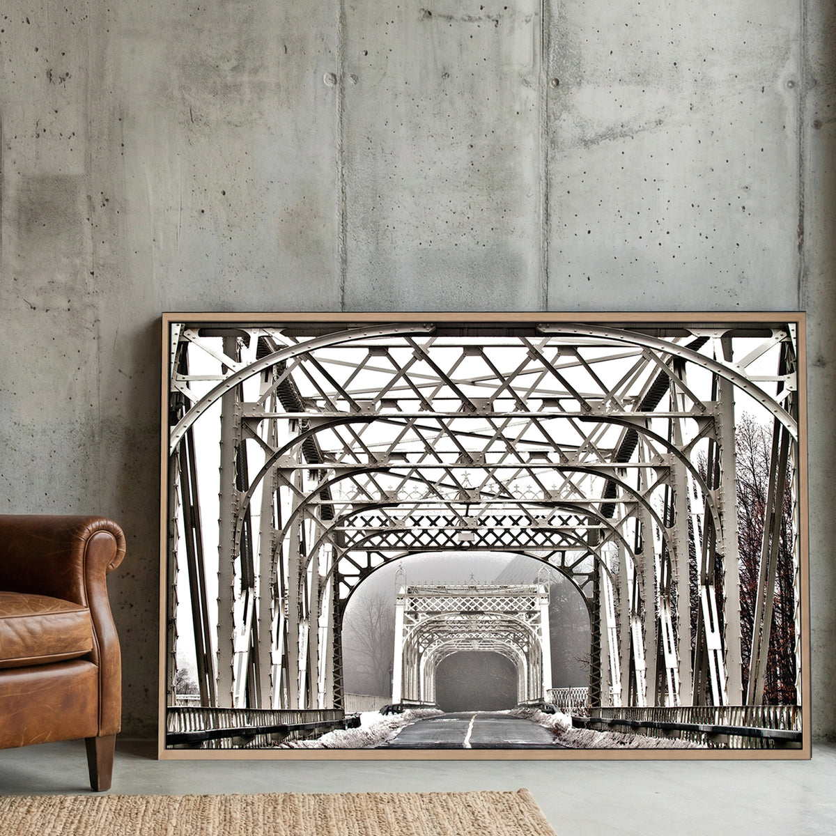 Winter Steel Bridge canvas wall art print displayed in a styled living room