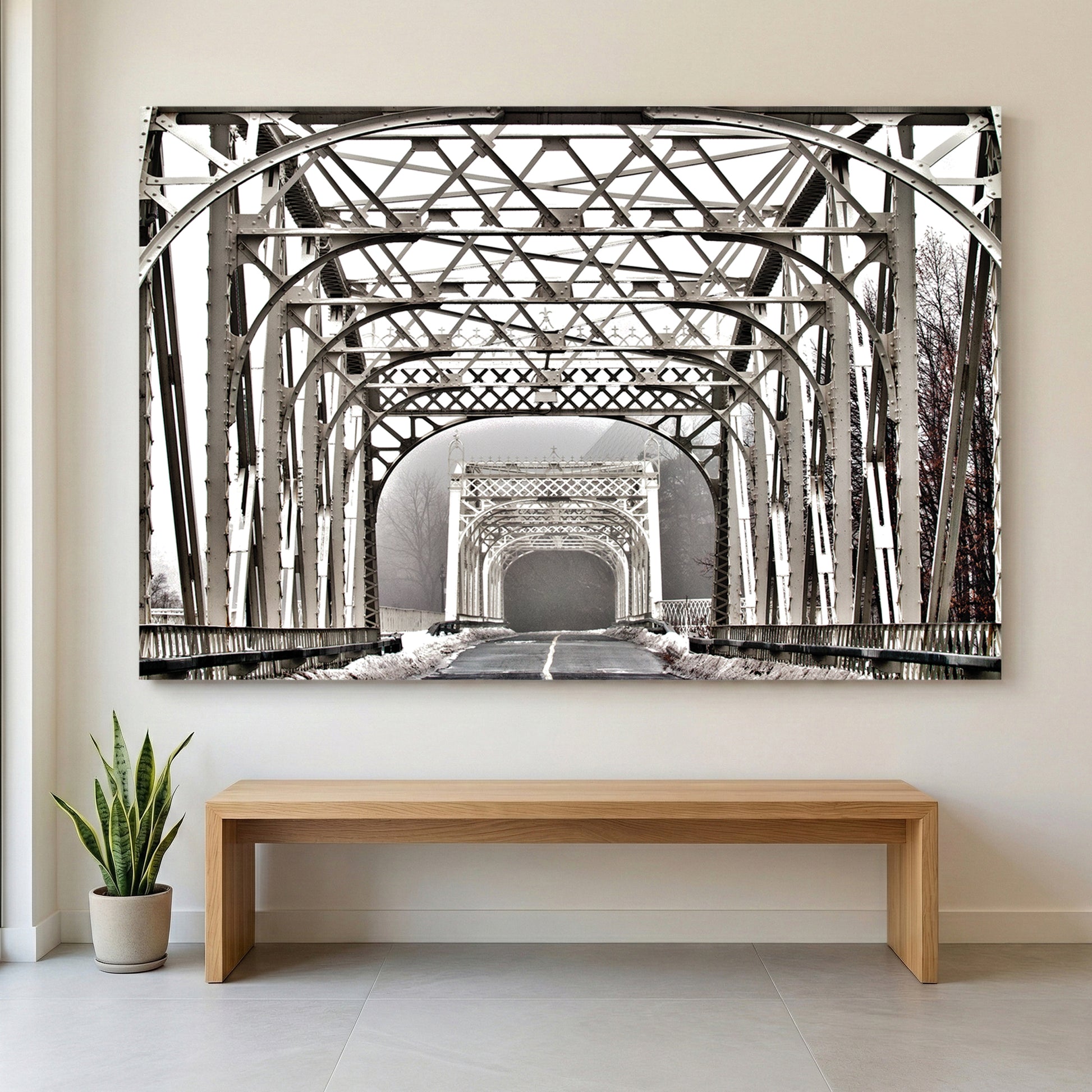 Winter Steel Bridge canvas wall art print displayed in a styled living room
