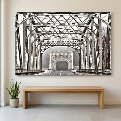 Winter Steel Bridge canvas wall art print displayed in a styled living room