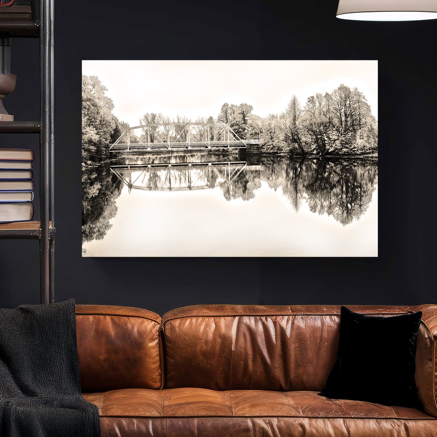 Sepia Bridge Reflection canvas wall art print styled in a modern interior