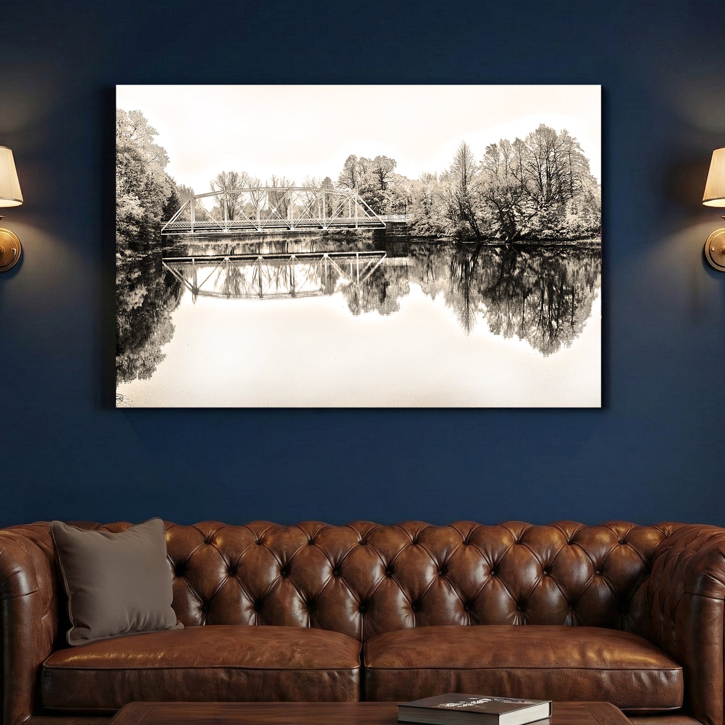 Sepia Bridge Reflection canvas wall art print above a sofa in a contemporary living room