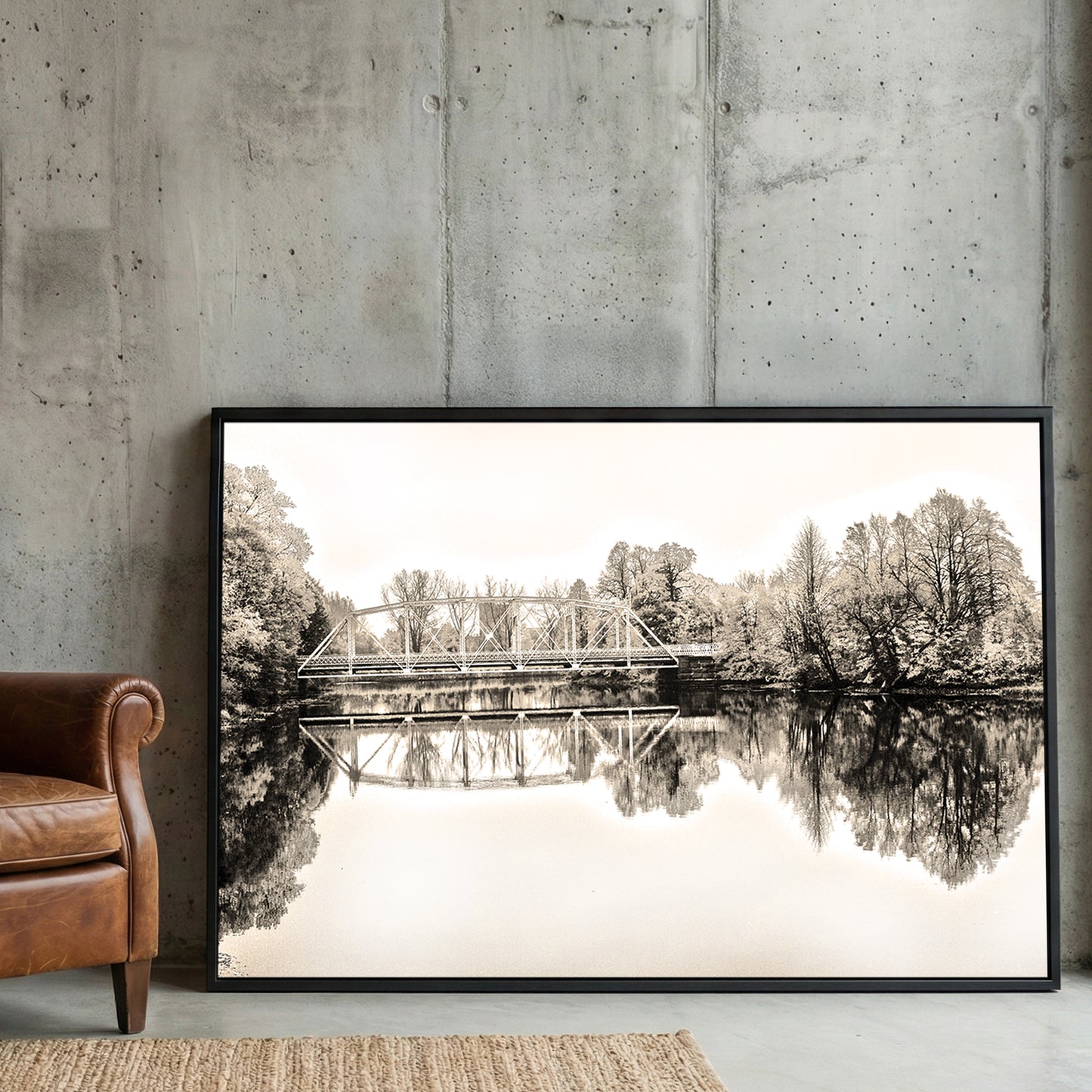 Sepia Bridge Reflection framed canvas wall art print in a gallery-style display
