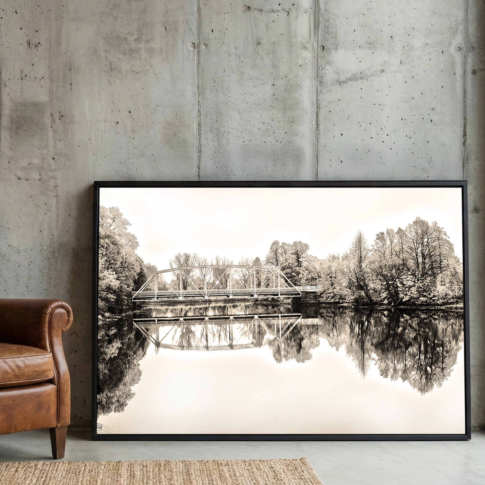 Sepia Bridge Reflection framed canvas wall art print in a gallery-style display