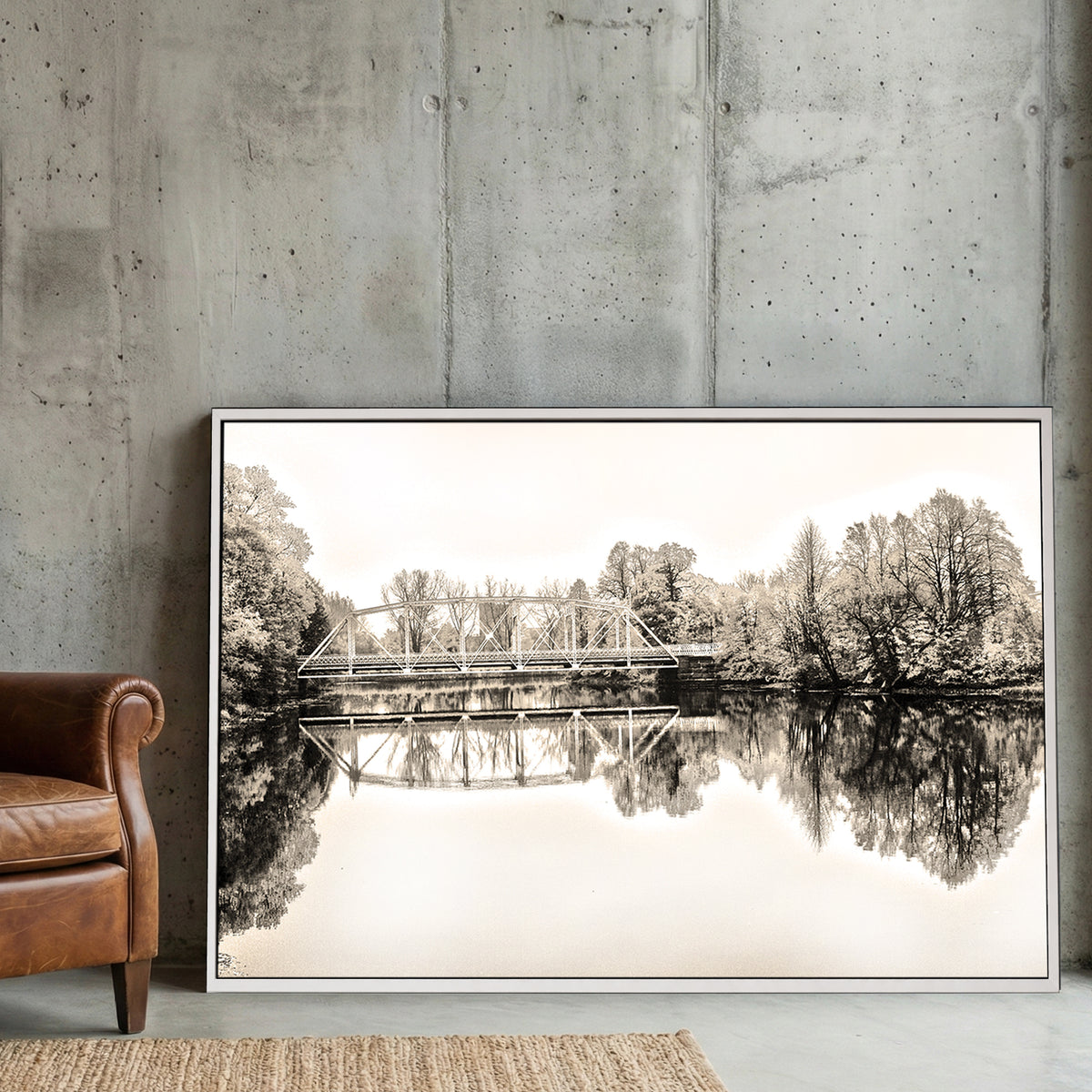 Sepia Bridge Reflection canvas wall art print displayed in a styled living room