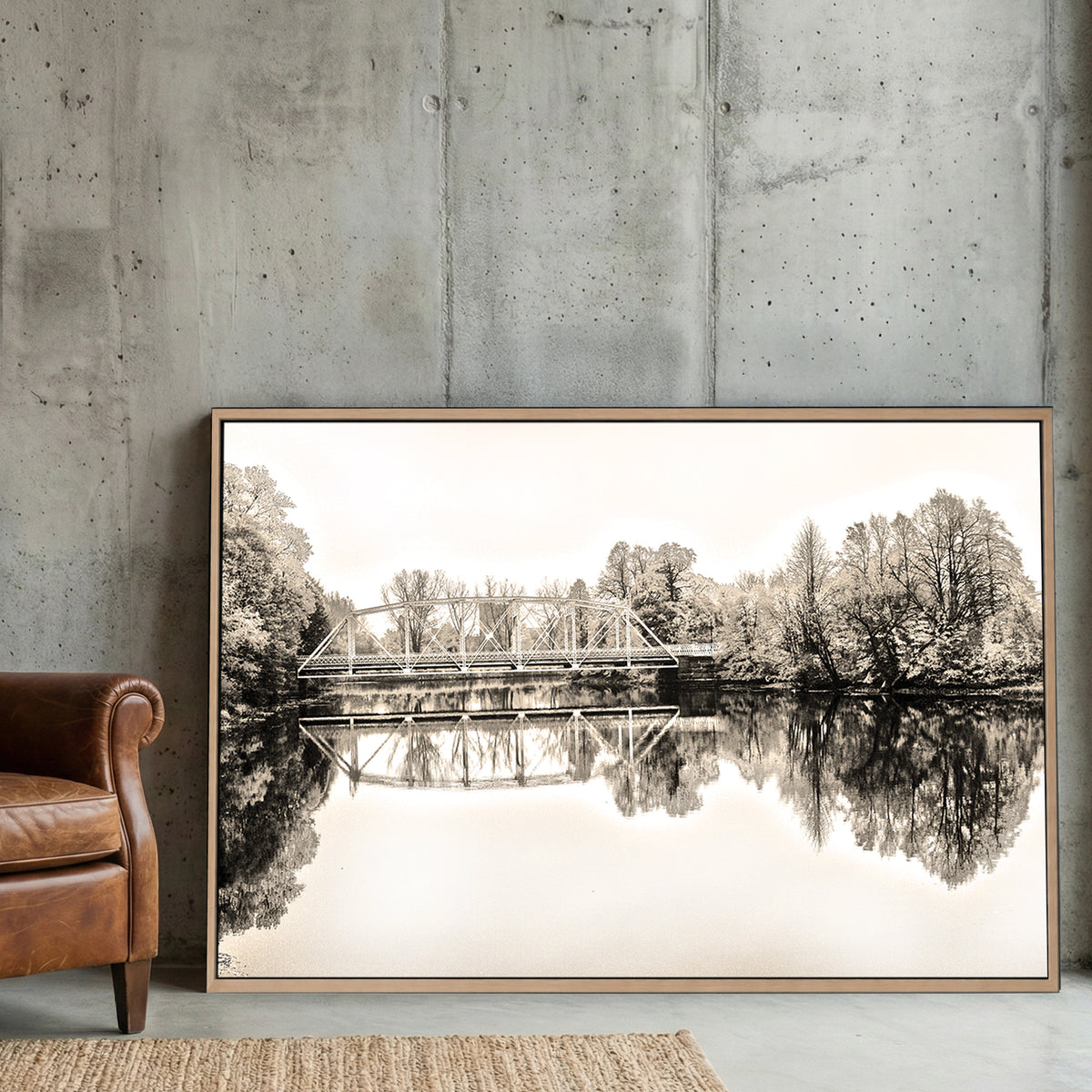 Sepia Bridge Reflection canvas wall art print displayed in a styled living room