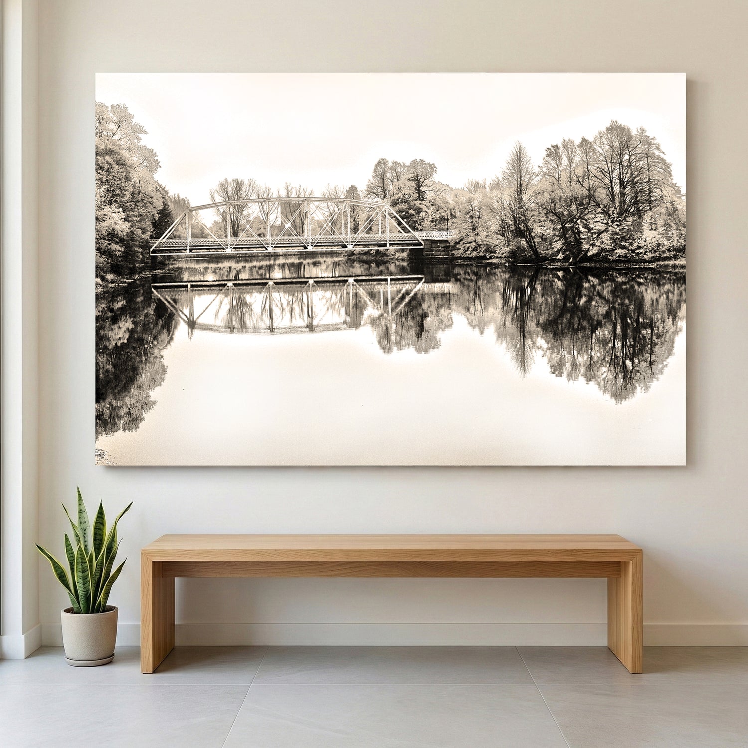 Sepia Bridge Reflection canvas wall art print displayed in a styled living room