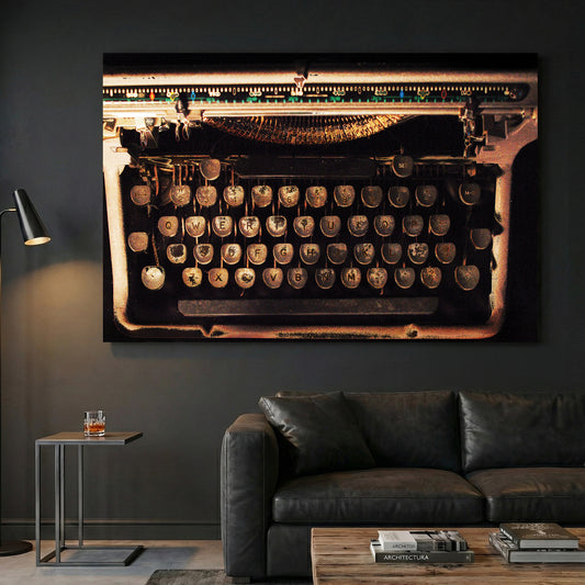 Vintage Typewriter canvas wall art print displayed in a styled living room