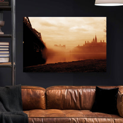 Foggy Parliament Hill canvas wall art print styled in a modern interior