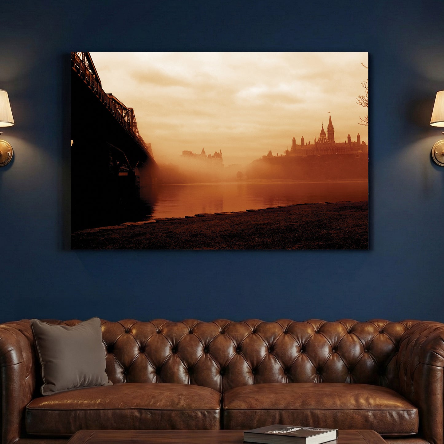 Foggy Parliament Hill canvas wall art print above a sofa in a contemporary living room