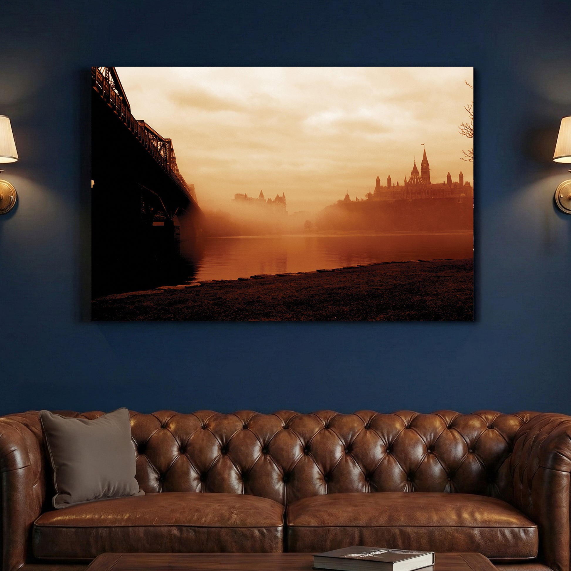 Foggy Parliament Hill canvas wall art print above a sofa in a contemporary living room