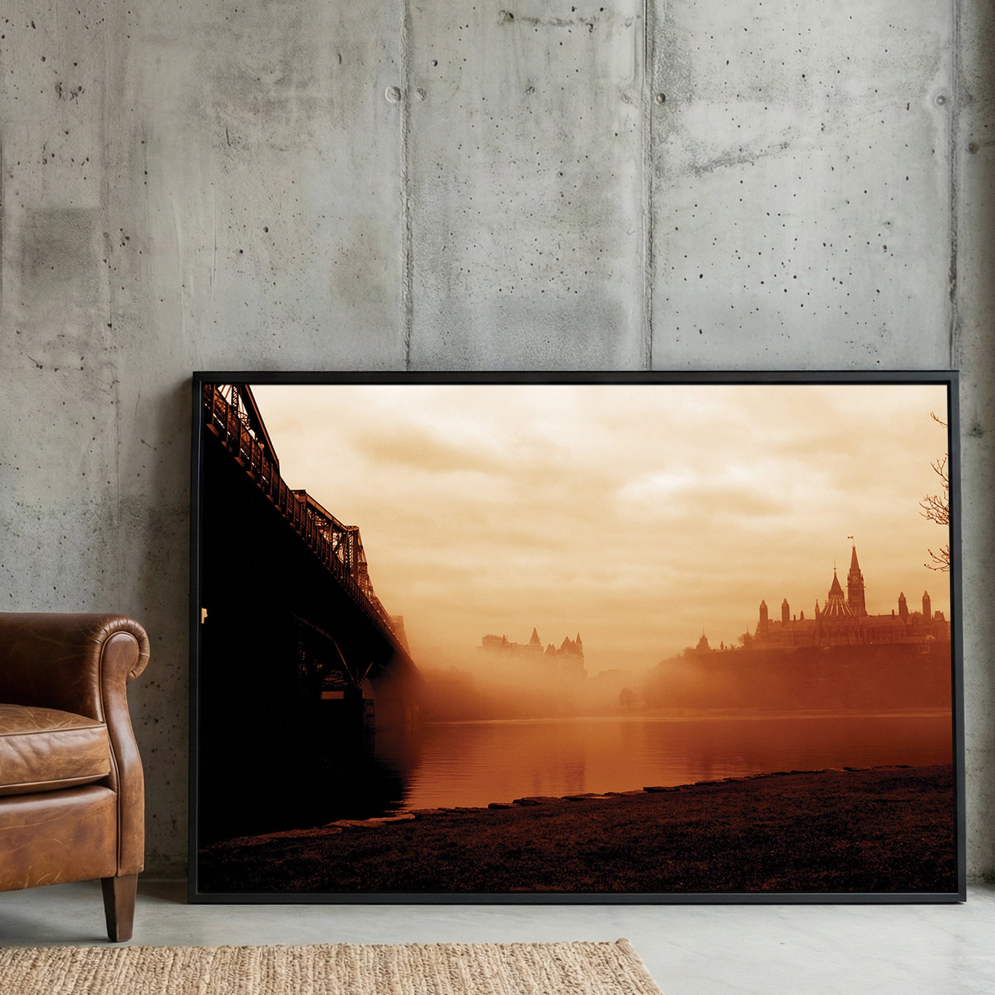 Foggy Parliament Hill framed canvas wall art print in a gallery-style display
