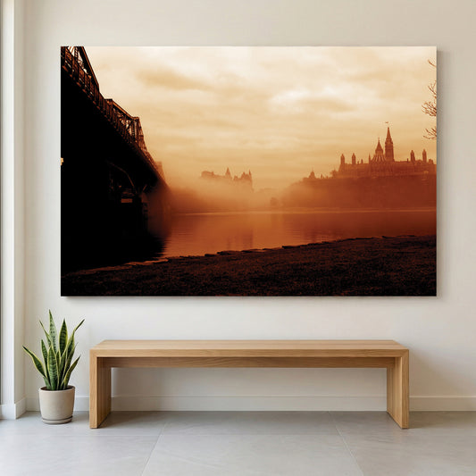 Foggy Parliament Hill canvas wall art print displayed in a styled living room