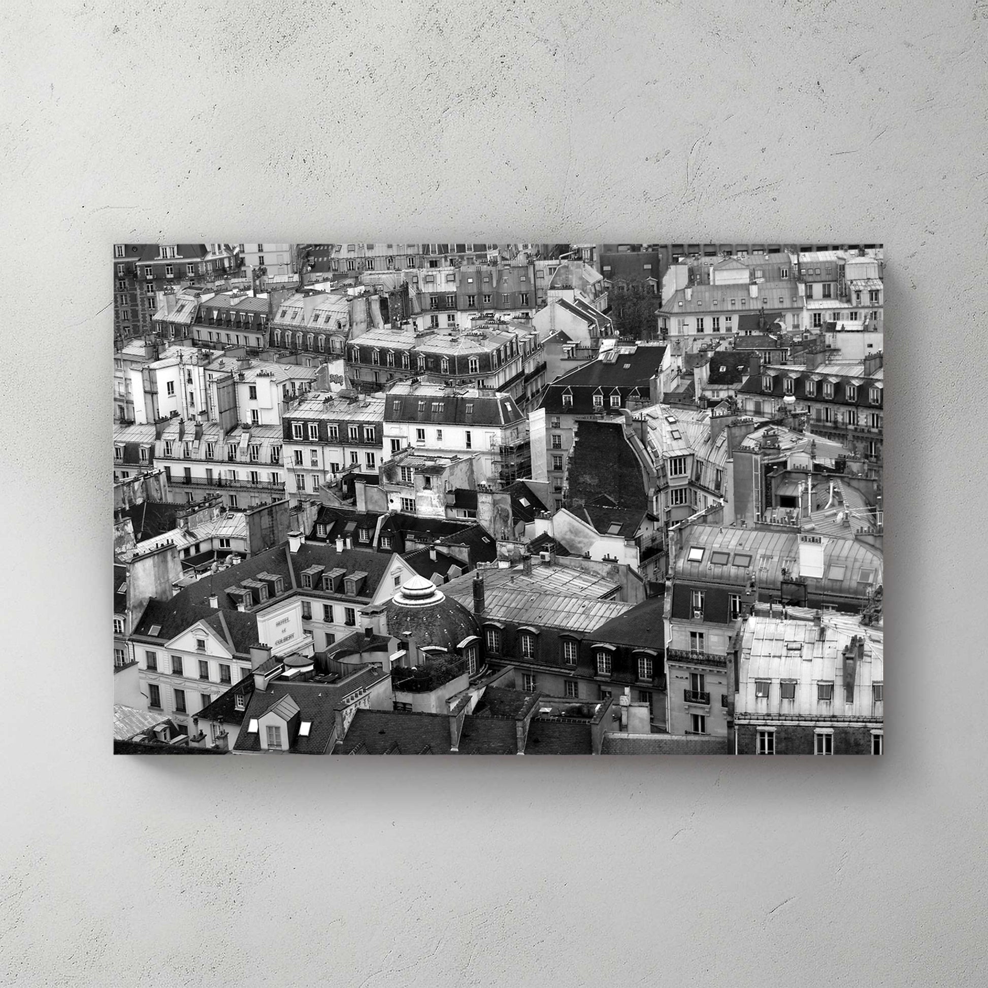 Aerial black-and-white sweep of Paris rooftops, chimneys, domes and mansard roofs packed to the horizon — canvas wall art print