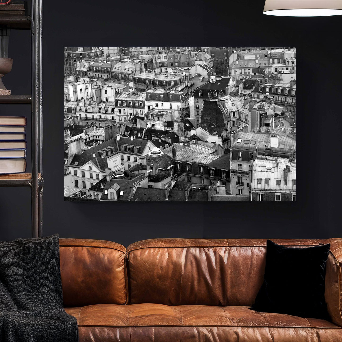 Paris Rooftops Black and White canvas wall art print styled in a modern interior