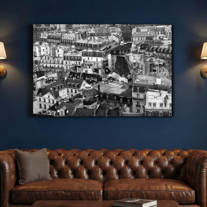 Paris Rooftops Black and White canvas wall art print above a sofa in a contemporary living room