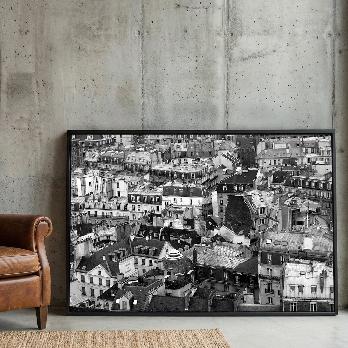 Paris Rooftops Black and White framed canvas wall art print in a gallery-style display