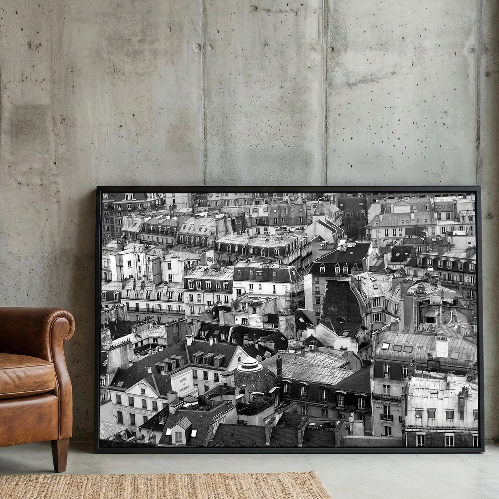 Paris Rooftops Black and White framed canvas wall art print in a gallery-style display