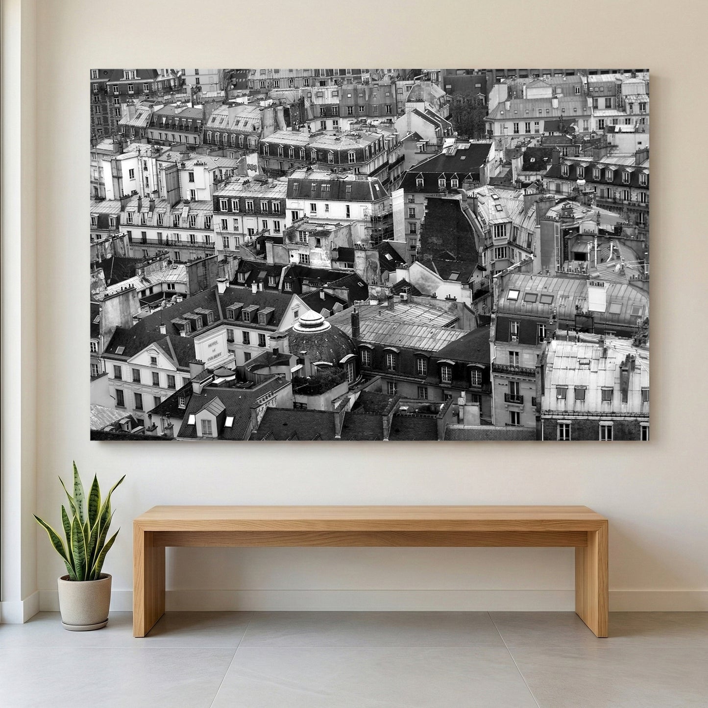 Paris Rooftops Black and White canvas wall art print displayed in a styled living room