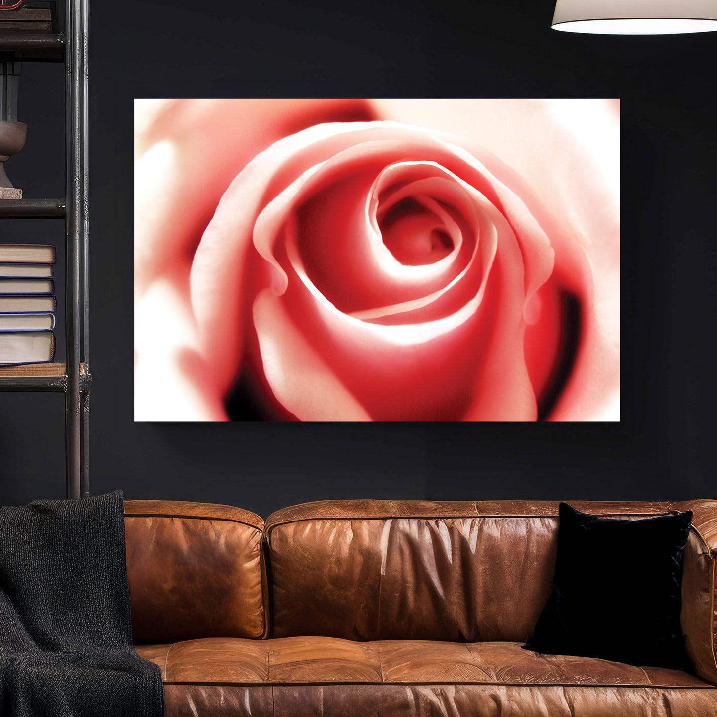 Pink Rose Soft Focus canvas wall art print styled in a modern interior