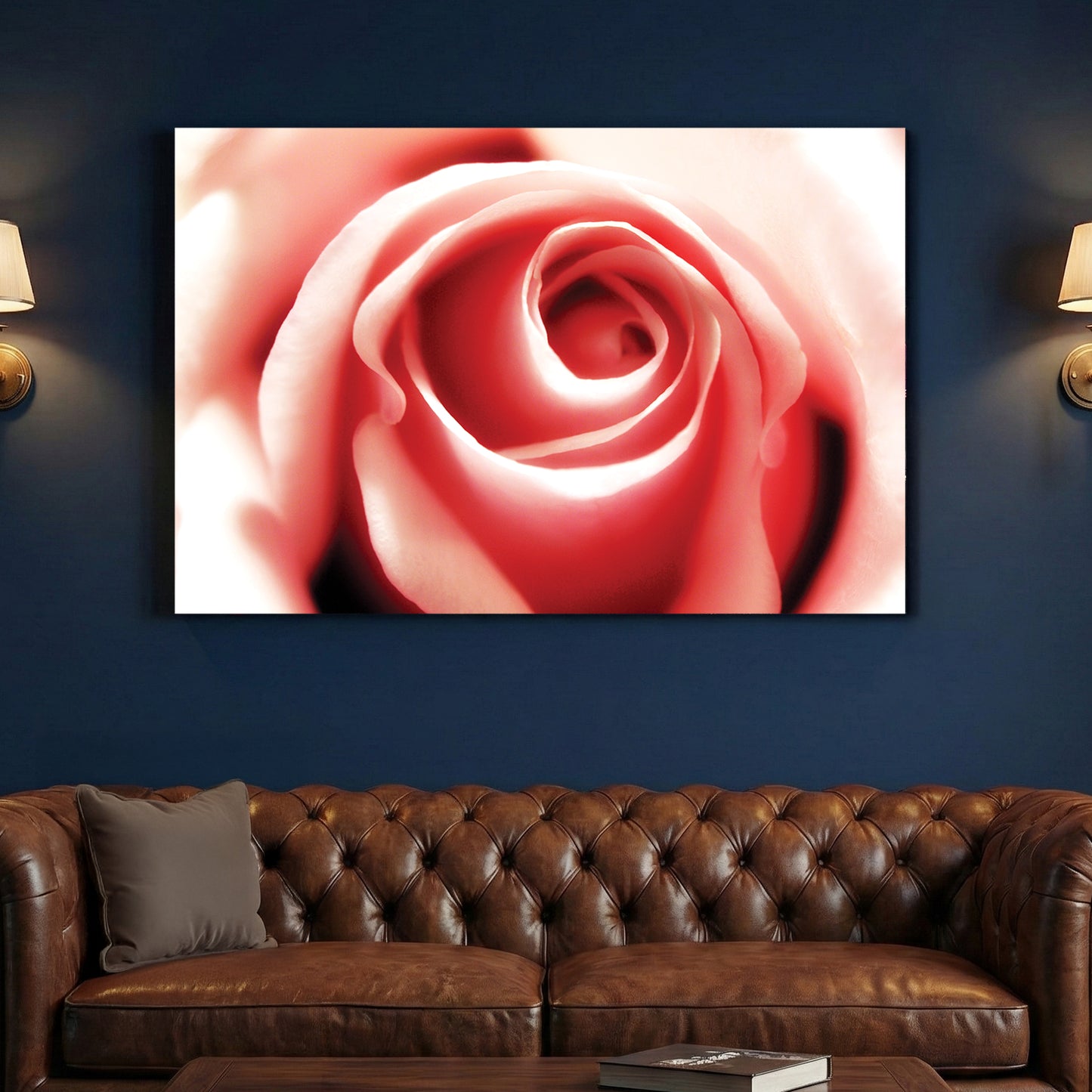 Pink Rose Soft Focus canvas wall art print above a sofa in a contemporary living room