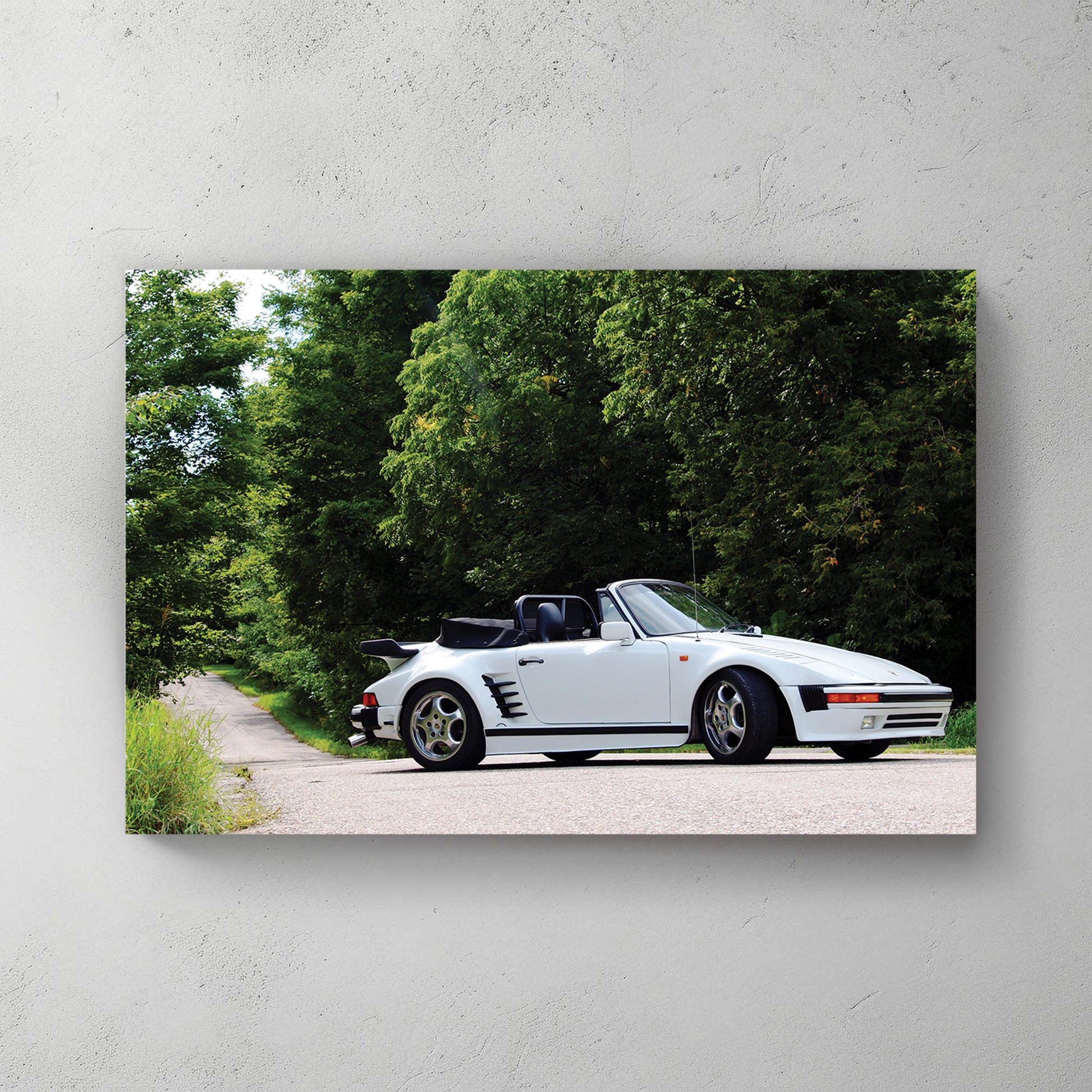 White slant-nose Porsche 911 convertible on a leafy country road, deep green trees behind — canvas wall art print