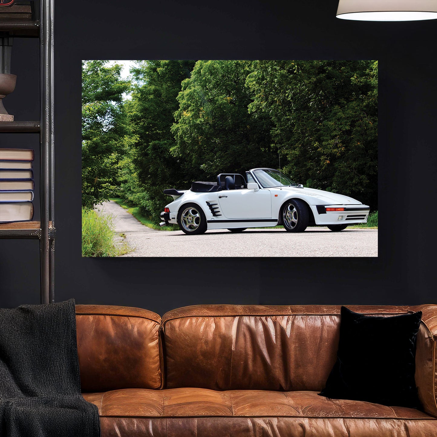 White Porsche 911 Cabriolet canvas wall art print styled in a modern interior