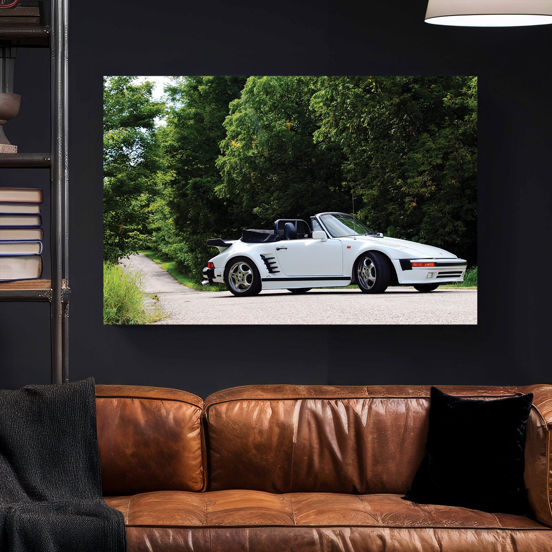 White Porsche 911 Cabriolet canvas wall art print styled in a modern interior