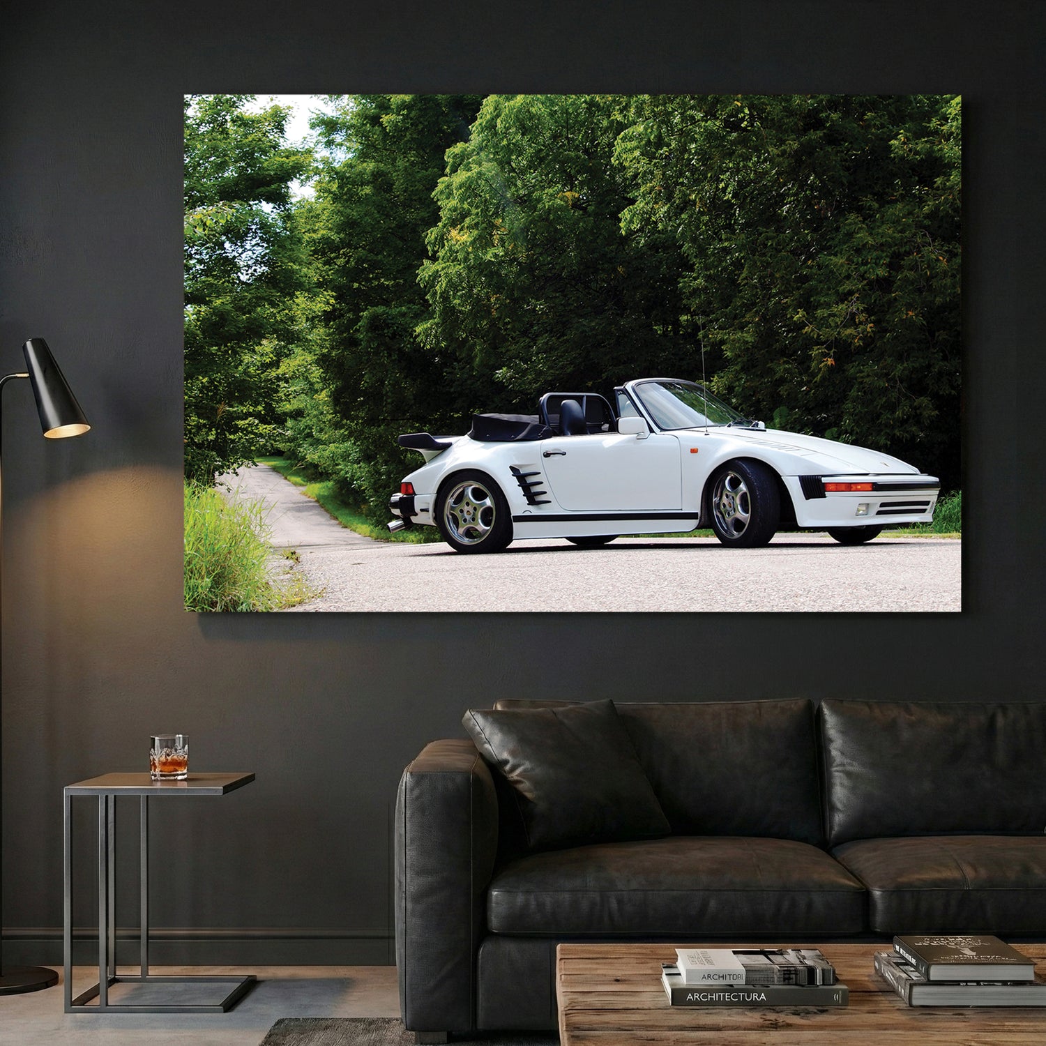 White Porsche 911 Cabriolet canvas wall art print displayed in a styled living room