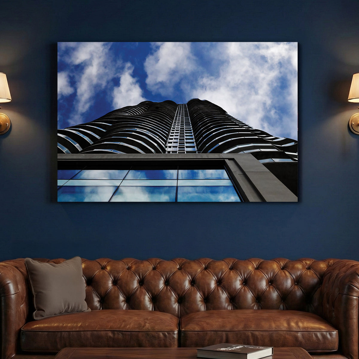 Skyward Tower canvas wall art print above a sofa in a contemporary living room