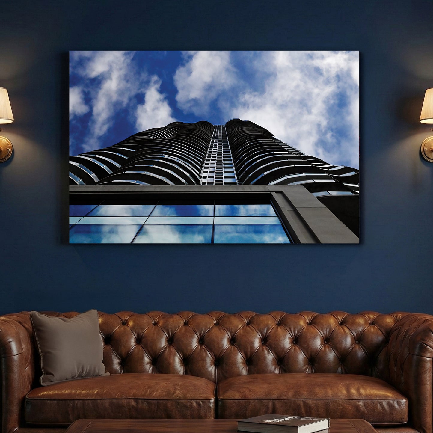 Skyward Tower canvas wall art print above a sofa in a contemporary living room