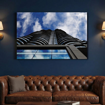 Skyward Tower canvas wall art print above a sofa in a contemporary living room