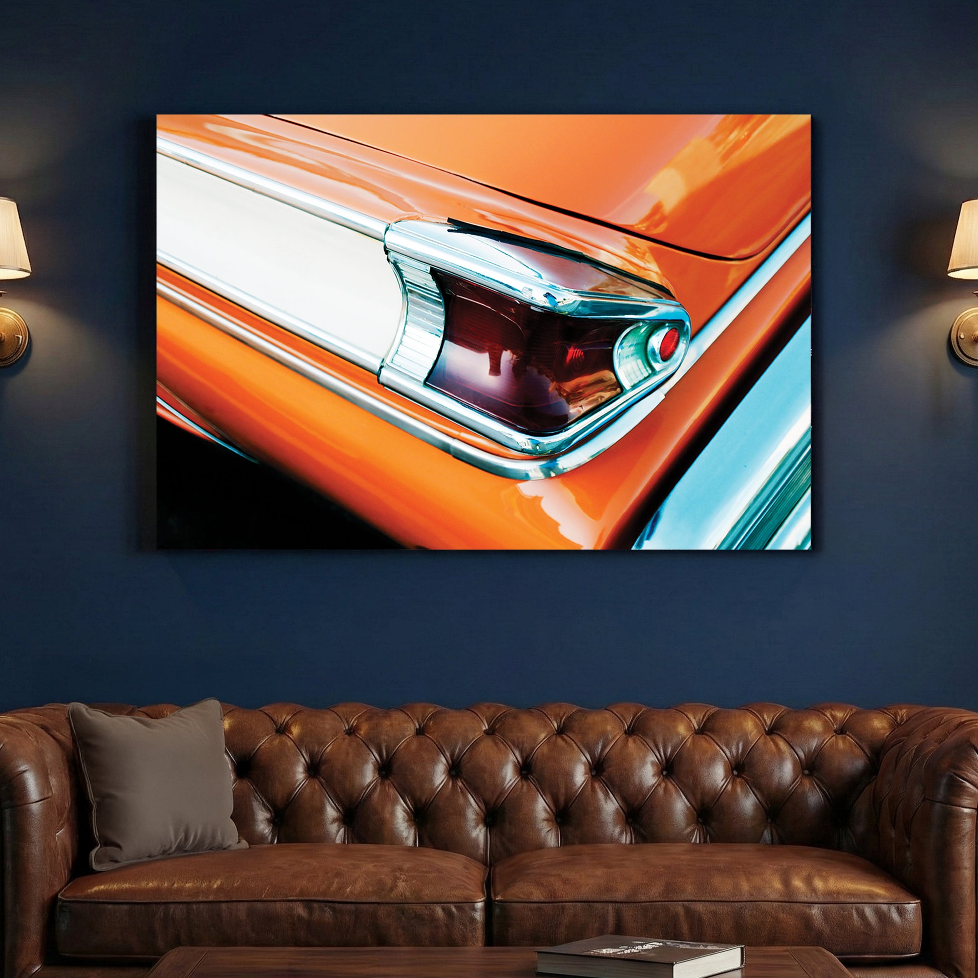 Orange Classic Car Taillight canvas wall art print above a sofa in a contemporary living room