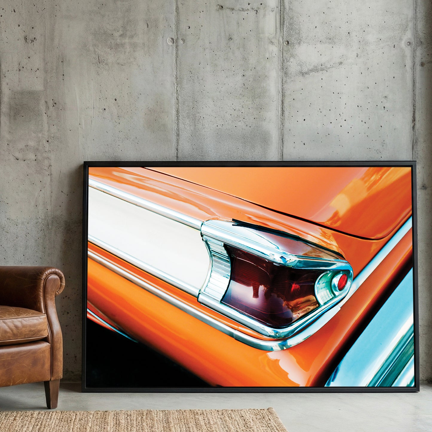 Orange Classic Car Taillight framed canvas wall art print in a gallery-style display