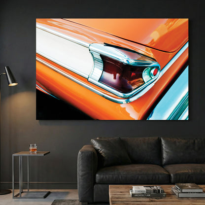 Orange Classic Car Taillight canvas wall art print displayed in a styled living room