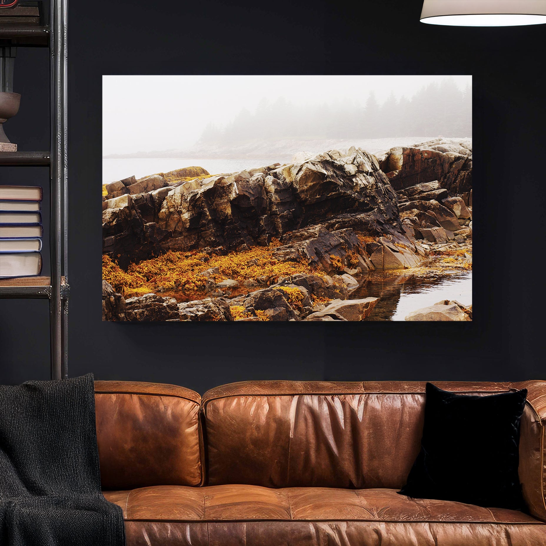 Foggy Coastal Rocks canvas wall art print styled in a modern interior