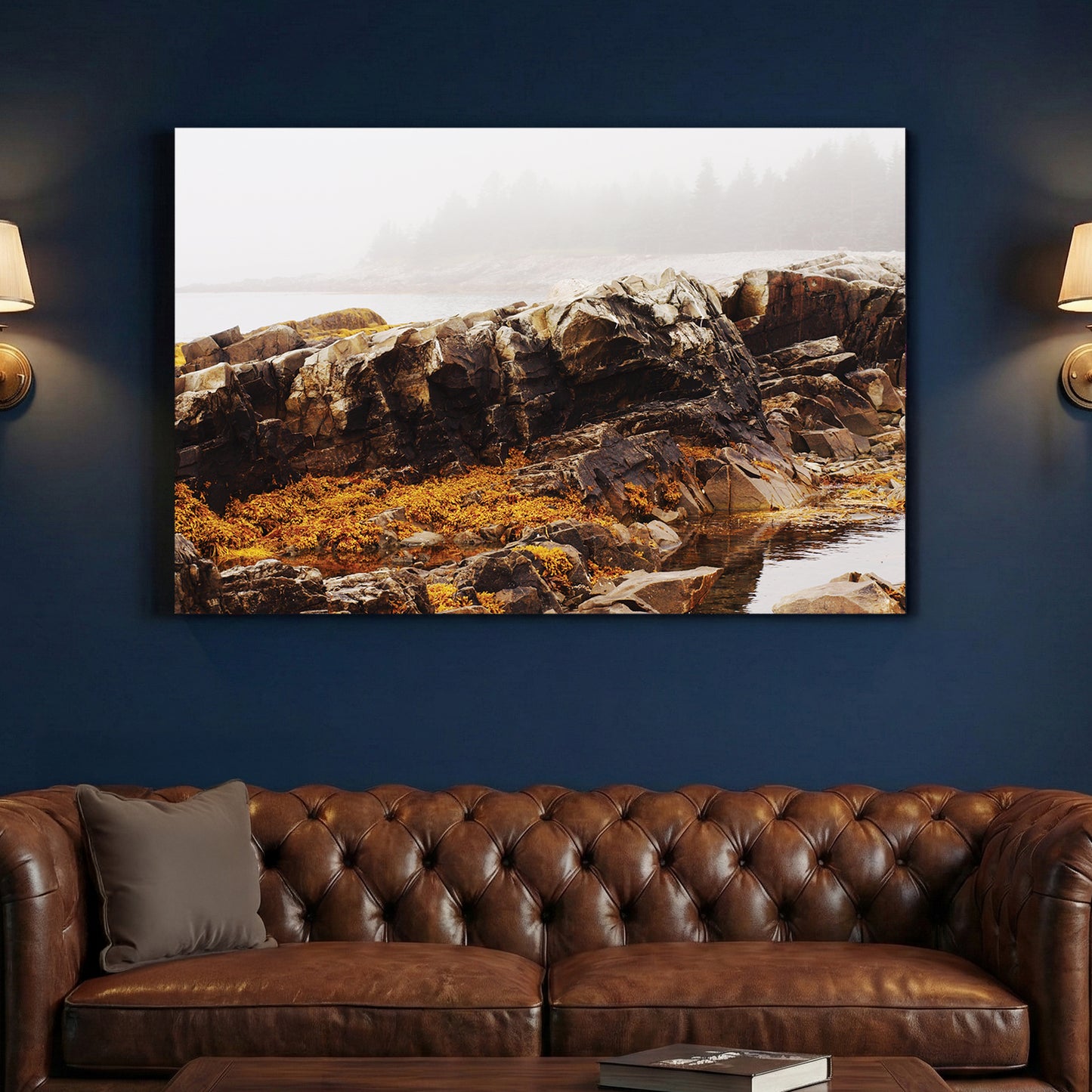 Foggy Coastal Rocks canvas wall art print above a sofa in a contemporary living room