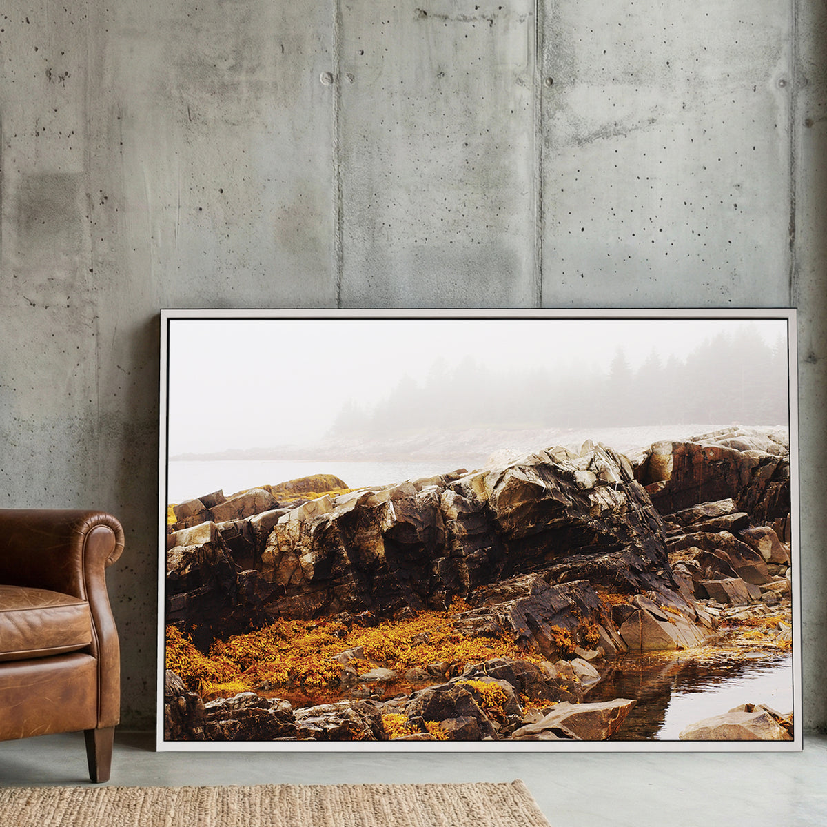Foggy Coastal Rocks canvas wall art print displayed in a styled living room