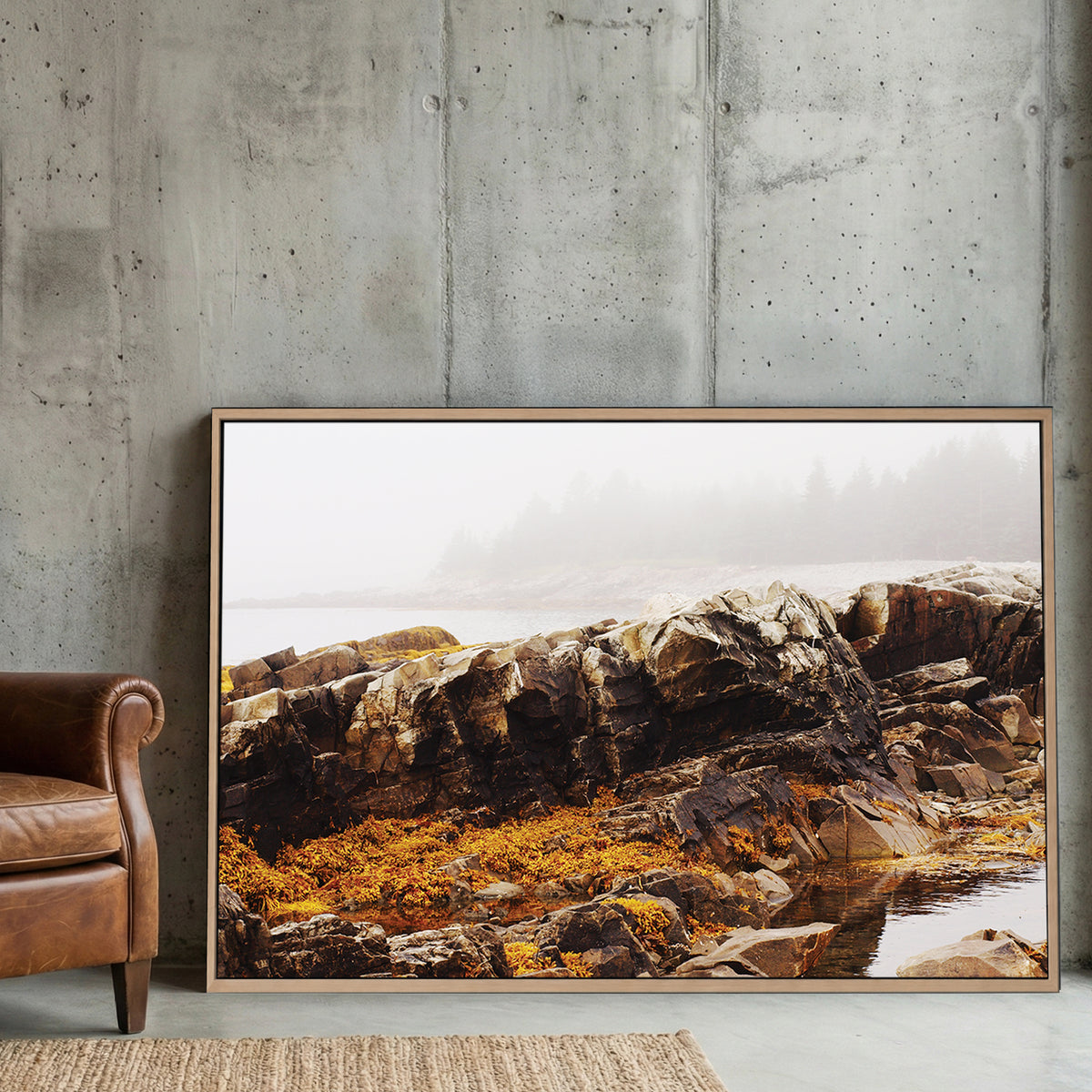 Foggy Coastal Rocks canvas wall art print displayed in a styled living room