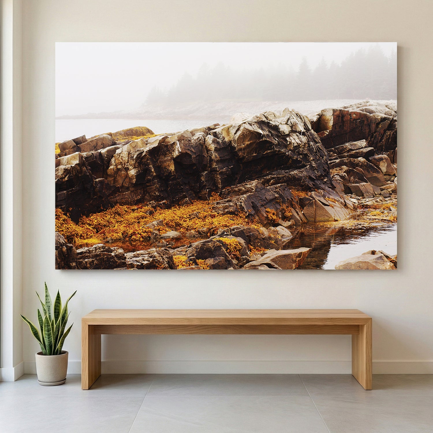 Foggy Coastal Rocks canvas wall art print displayed in a styled living room
