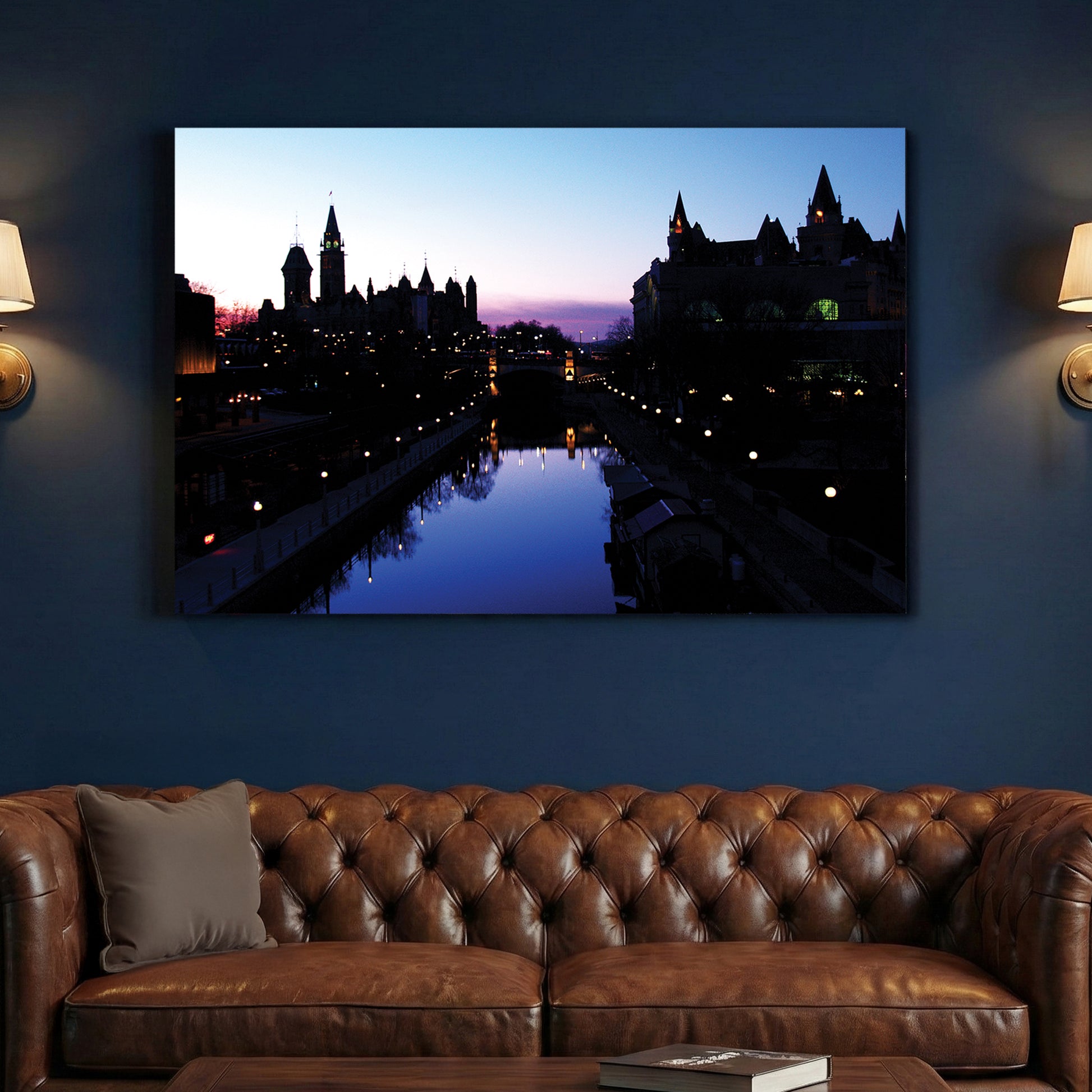 Rideau Canal Twilight canvas wall art print above a sofa in a contemporary living room