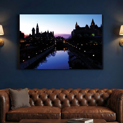 Rideau Canal Twilight canvas wall art print above a sofa in a contemporary living room