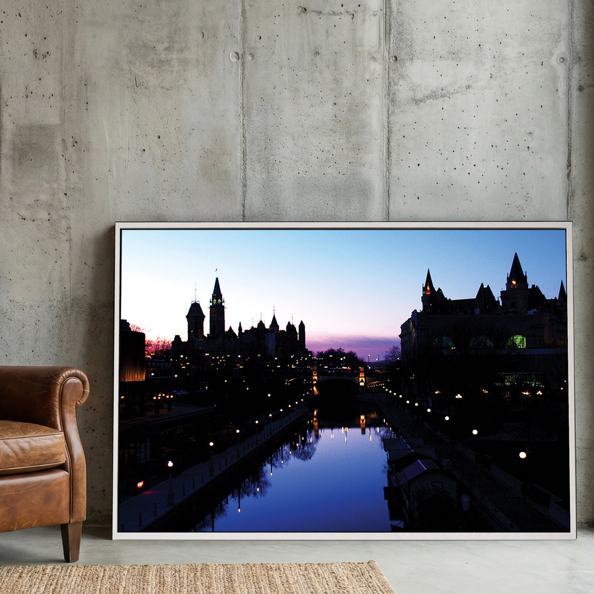 Rideau Canal Twilight canvas wall art print displayed in a styled living room
