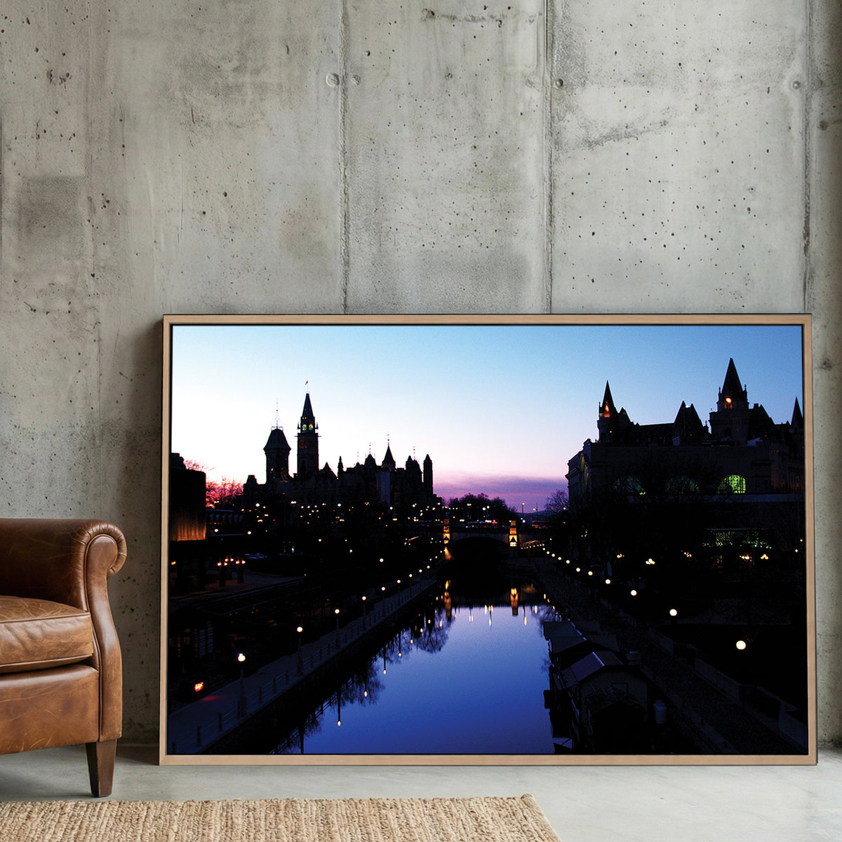 Rideau Canal Twilight canvas wall art print displayed in a styled living room