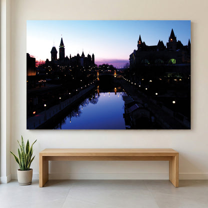 Rideau Canal Twilight canvas wall art print displayed in a styled living room