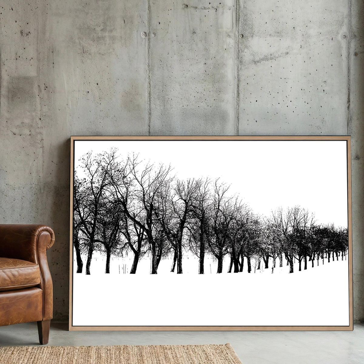 Winter Tree Line canvas wall art print displayed in a styled living room