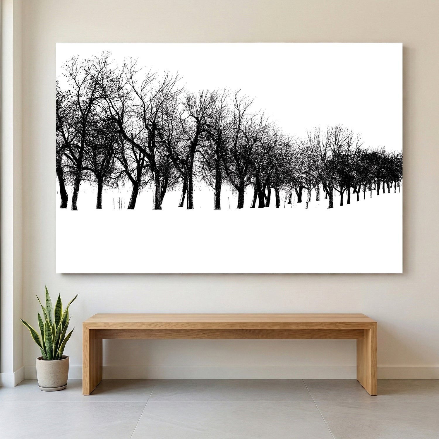 Winter Tree Line canvas wall art print displayed in a styled living room