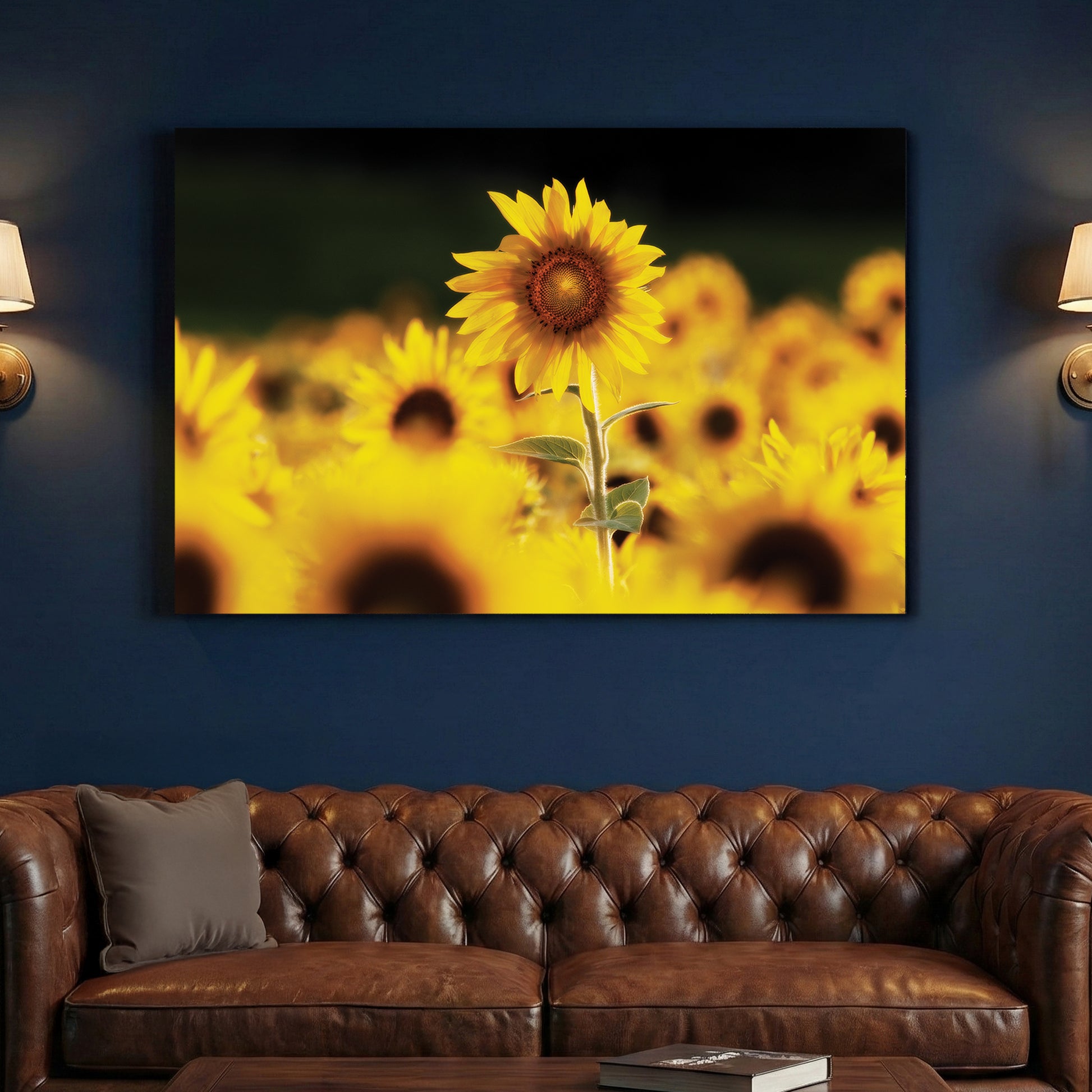 Sunflower Field canvas wall art print above a sofa in a contemporary living room