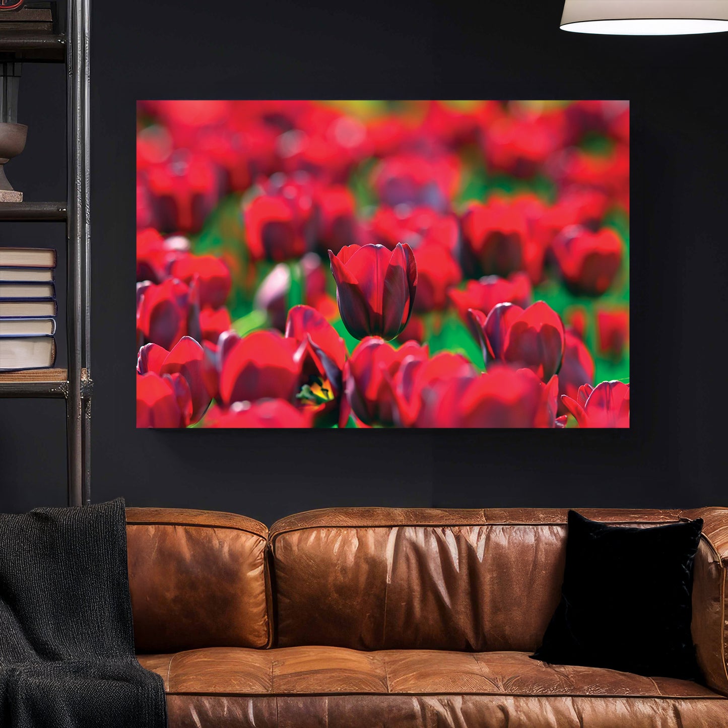 Red Tulip Field canvas wall art print styled in a modern interior