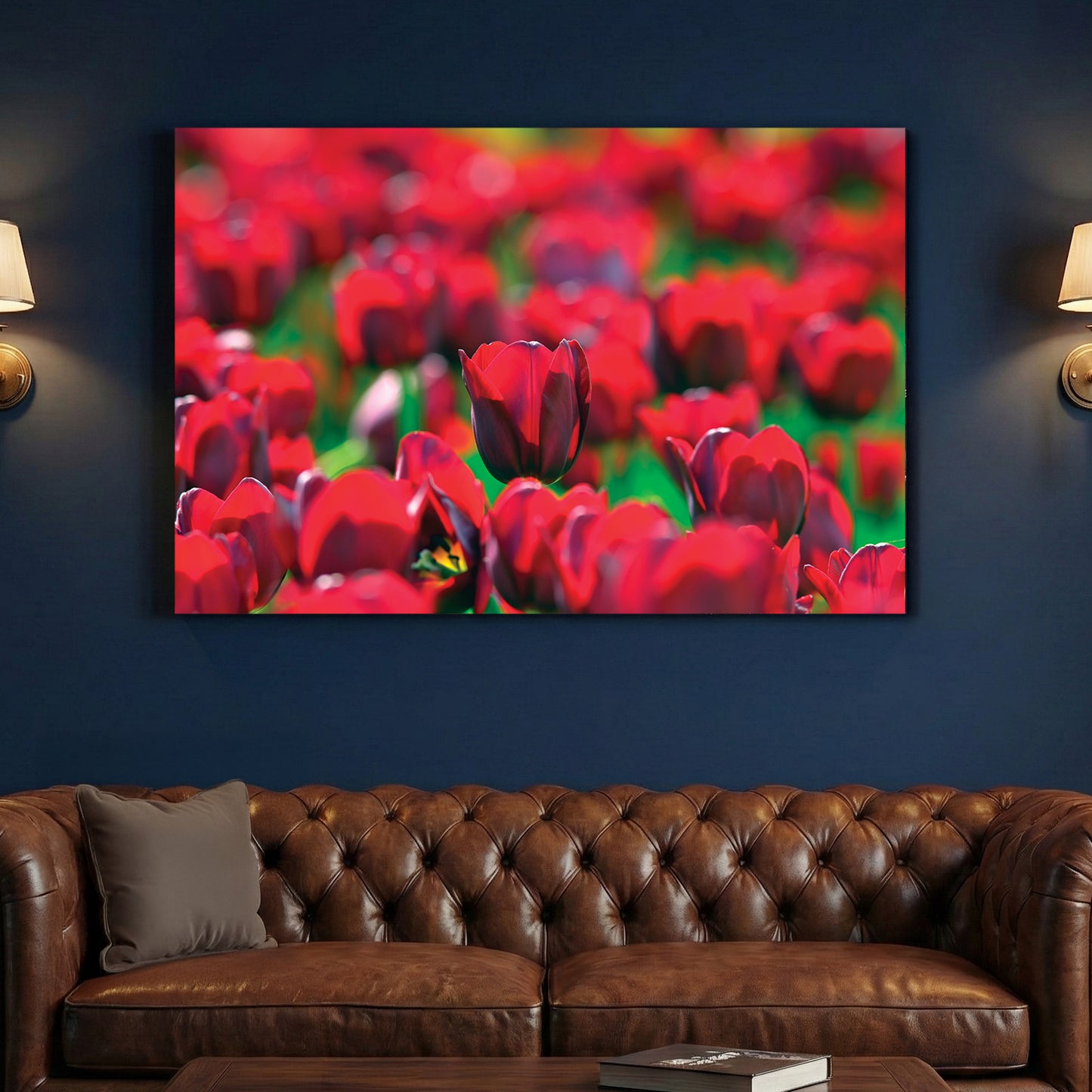 Red Tulip Field canvas wall art print above a sofa in a contemporary living room