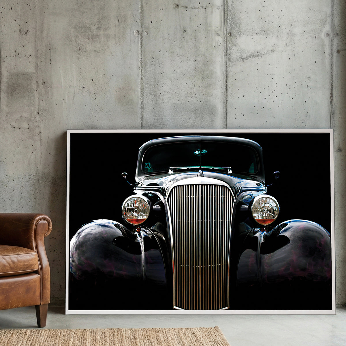Vintage Chevy Hot Rod canvas wall art print displayed in a styled living room